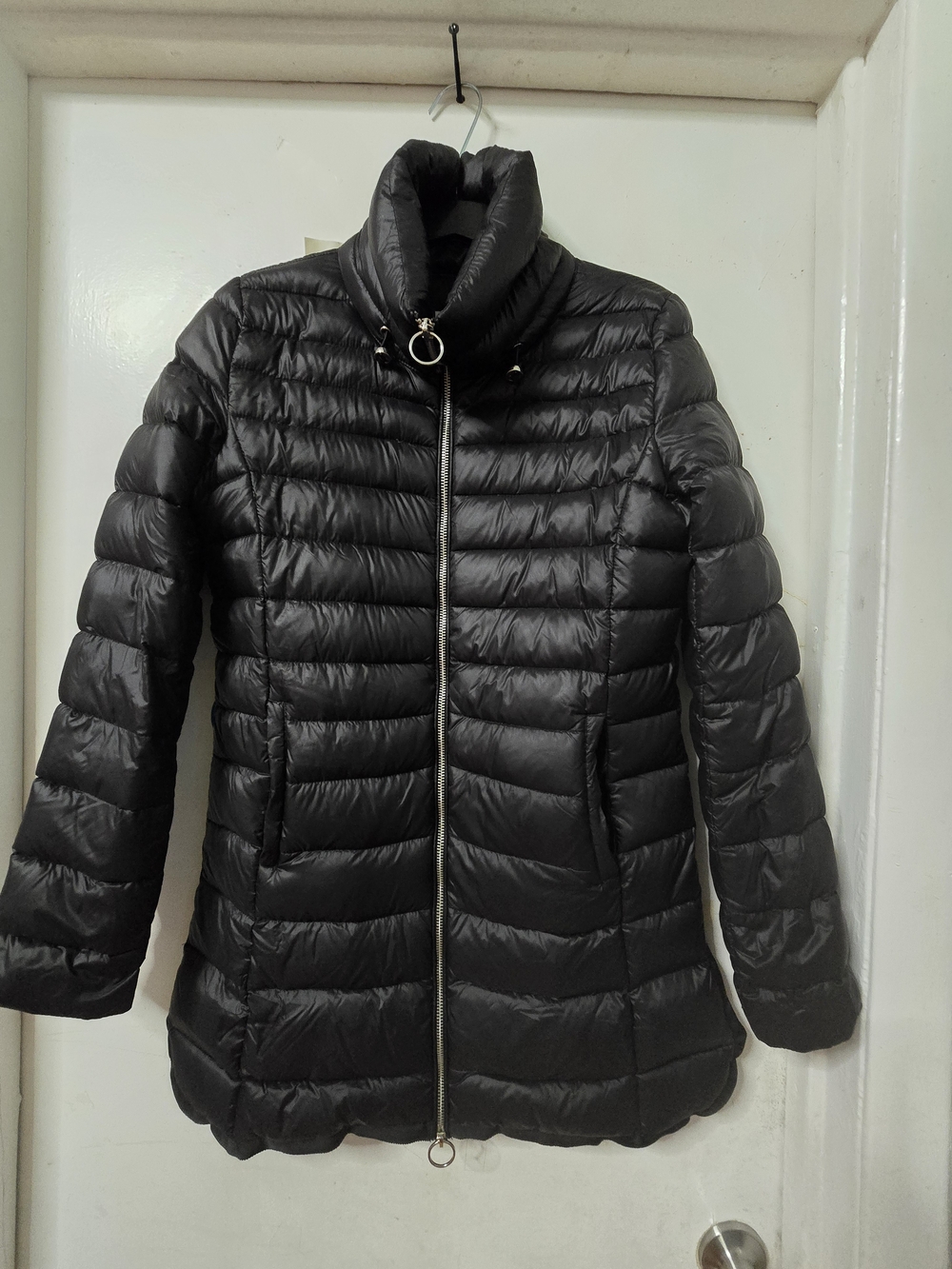 Mango Black Quilted Long Puffer Jacket with Ring-Zip Pull